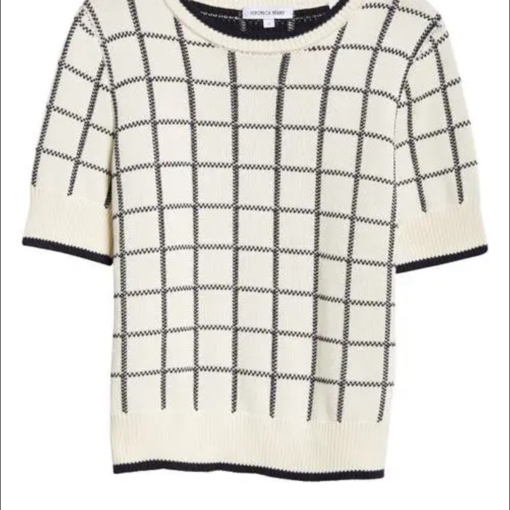 Veronica Beard Cream And Navy Grid Short-Sleeve Sweater